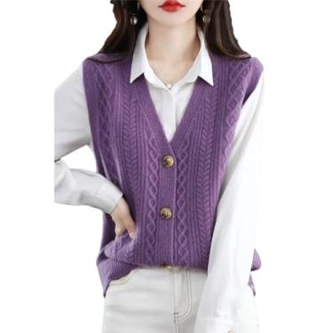 Imagem de Primavera outono feminino vintage casual camisola colete com decote em v solto cardigans sem mangas feminino blusas de malha (roxo s)