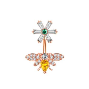 Imagem de Godtemrow Anel de umbigo de abelha aço cirúrgico CZ barra flor piercing de barriga joia retentor corporal 14G (1,6 mm, Metal, Zircônia cúbica