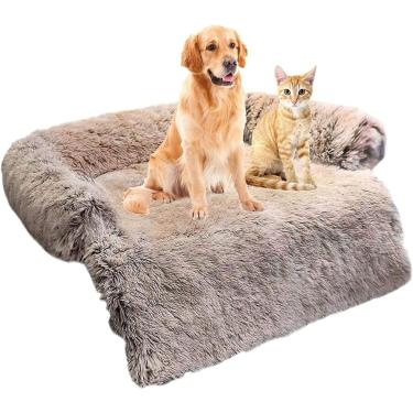 Imagem de Sofá macio da esteira do cão do luxuoso, almofada macia confortável do colchão do cão, cama ortopédica do cão lavável anti deslizamento protetor calmante da mobília, café claro, M