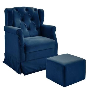 Imagem de Poltrona Cadeira de Amamentação Balanço e Puff Ternura Veludo Azul Shop das Cabeceiras