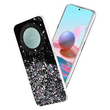 Imagem de Yarxiawin Capa de celular para Honor Magic 6 Lite, design brilhante com glitter para Honor Magic 6 Lite, capa fina de silicone transparente, macia, estética, rosa, fofa para mulheres e meninas (preto)