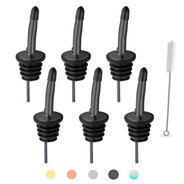 Imagem de Conjunto de 6 bicos de licor, dosadores de garrafa de licor de aço inoxidável com tampas de poeira de borracha, para servir líquido, azeite de oliva, vinho, vinagre (preto)