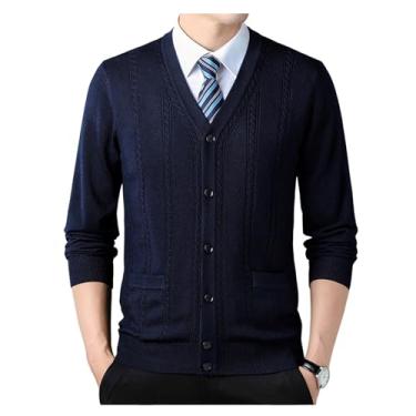 Imagem de Cardigã masculino de cor sólida, suéter de malha com gola redonda e bolso manga longa casual, Azul-escuro, 3G
