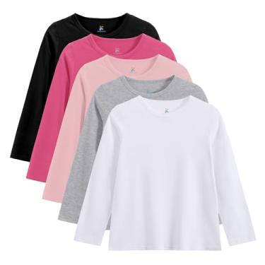 Imagem de Kiiavoro Pacote com 5 camisetas de manga comprida para meninas macias gola redonda manga longa camisetas básicas sem etiqueta, Preto, cinza claro, branco, rosa vermelha, rosa, 13-14 Anos