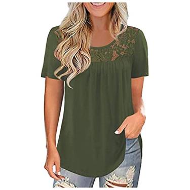 Imagem de Camiseta feminina de renda com gola redonda, manga curta, cor sólida, folgada, casual, para férias de verão, Verde, 5G