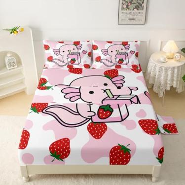 Imagem de QOOMO Jogo de cama infantil com estampa de vaca rosa com desenho animado de morango e leite de morango, respirável, 1 lençol com elástico, 1 lençol de cima, 2 fronhas