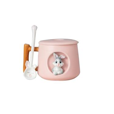 Imagem de DIHOclub Adorável caneca de coelho de cerâmica 3D com tampa e colher perfeita para café, chá, leite e muito mais - para amantes de animais - 400 ml (rosa)