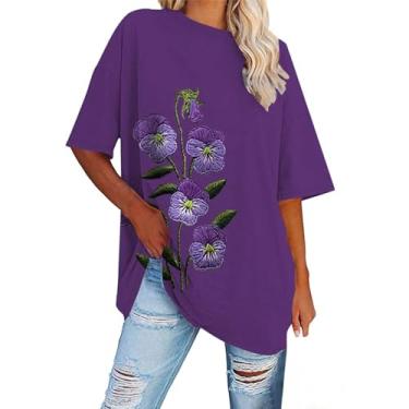 Imagem de PKDong Camiseta feminina de conscientização de Alzheimers, gola V, manga curta, roxa, estampa floral, camiseta feminina para o verão, Z07 Roxo, P