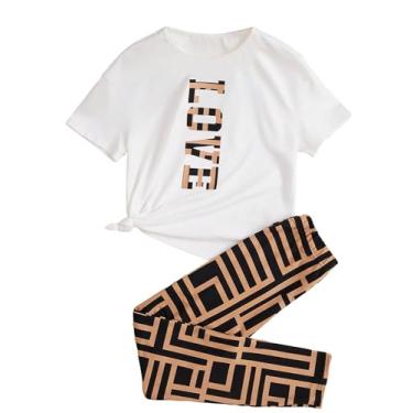 Imagem de SOLY HUX Conjunto de 2 peças para meninas com estampa de letras e camiseta de manga curta, Geométrico multicolorido, 8Y