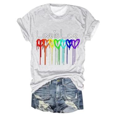Imagem de Camiseta feminina com bandeira do orgulho com estampa de arco-íris de coração fofo camiseta de manga curta igualdade verão casual blusa túnica solta, Branco, XXG