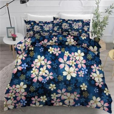 Imagem de Jogo de cama com estampa de flores esmagadas California King, azul, 3 peças, microfibra macia texturizada, 264 x 248 cm e 2 fronhas, com fecho de zíper e laços