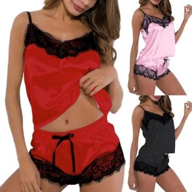 Imagem de Pijama Baby Doll Lingerie De Seda E Renda Conjunto Sensual Com Short e Camisa Pijama Confortável Curto (Vermelho, P)