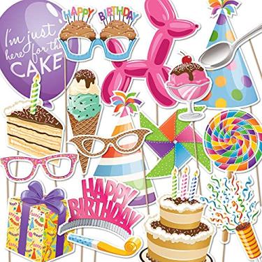 Imagem de Adereços de cabine de fotos para festa de feliz aniversário | Conjunto de 18 peças de papel e bolo | Balão animal, bolo, sorvete, velas e mais | Ótimo para festas de aniversário e eventos