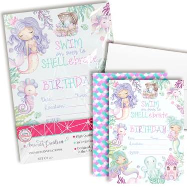 Imagem de Amanda Creation Convites de aniversário de sereia em aquarela - Convites de sereia para meninas, 20 cartões de preenchimento de dupla face 5x7 com vinte envelopes brancos suprimentos de festa infantil