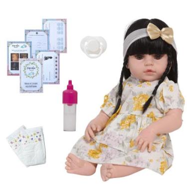 Imagem de Bebê Reborn Menina Morena Corpo de Vinil Vestido Florido - Cegonha Reb
