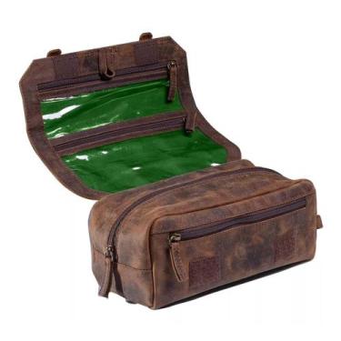 Imagem de Necessaire Unissex Cinnamon Couro Bovino Marrom Rústico Forro Impermeá