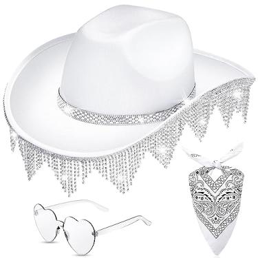 Imagem de Hercicy Chapéu de vaqueira de strass chapéu ocidental chapéu de cowboy com glitter para homens e mulheres cosplay festa fantasia, Branco, tamanho �nico