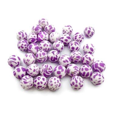 Imagem de 36 peças de contas impressas de vaca 15 mm contas de silicone impressas de vaca roxa contas focais para fazer joias, chaveiro, pulseiras faça você mesmo, fabricação de cordão