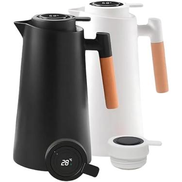 Imagem de Garrafa Térmica Sofisticada com Termômetro Digital 1L - Cabo de Madeira Personalizado, Ideal para Café, Chá e Bebidas, Mantém Quente e Frio, LED, Temperatura por até 8 Horas