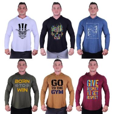 Imagem de Kit 6 Camisetas Manga Longa com Touca Longline Estampada Treino Academia Lazer Casual-Masculino