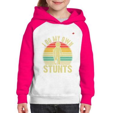 Imagem de Moletom Infantil I do my own stunts - Foca na Moda, Branco, Rosa, 10