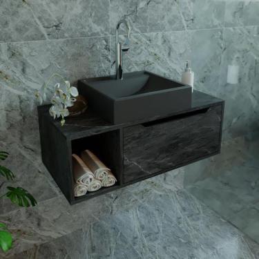 Imagem de Gabinete de Banheiro Suspenso 1 Porta e Nicho 80x38cm Mármore Lunar Te