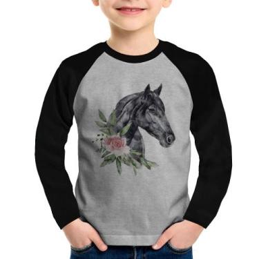 Imagem de Camiseta Raglan Infantil Cavalo e Flores Manga Longa - Foca na Moda, C