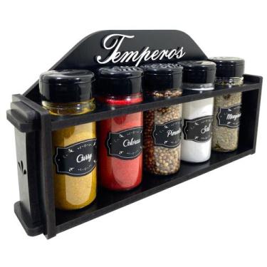 Imagem de Porta Temperos/Condimentos MDF kit 05 potes c/ Tampa Dosadora + Suport