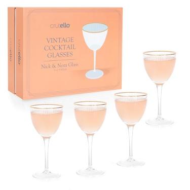 Imagem de Crutello Copos de coquetel Nick and Nora - Copos vintage Art Deco com nervuras de 142 g para beber gin, uísque, vodka - Copos canelados Nick e Nora com borda dourada - Conjunto de 4