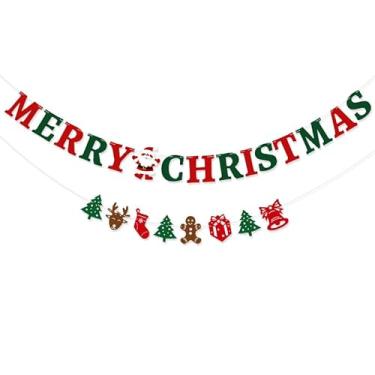 Imagem de Faixa de Feliz Natal Vermelho Verde Feltro Natal Papai Noel Gingerbread Man Xmas Tree Bunting Banner Feliz Natal Guirlanda Decorações Penduradas Suprimentos de Festa de Natal