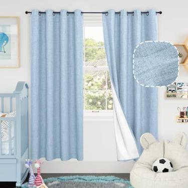 Imagem de Cortinas blecaute de linho azul bebê para berçário, conjunto de 2 painéis de 182 cm, isolamento térmico, boho, total blackout, redução de ruído, cortinas de janela Bonzer para quarto de crianças, cada