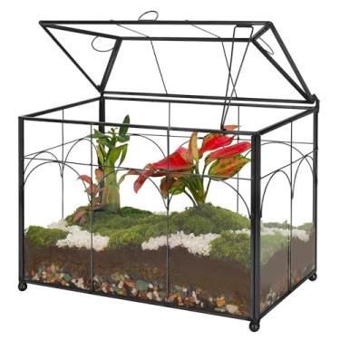 Imagem de REDHUGO Vaso de vidro preto feito à mão, terrário com tampa, mesa interna, caixa de exibição de centro de mesa, decoração moderna, recipiente de plantas de presente DIY para suculentas, cactos,