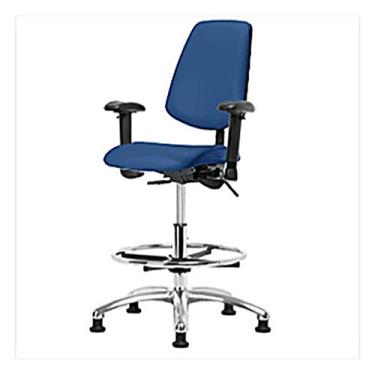 Imagem de Thomas 1163W43 Cadeira de vinil ESD/Cleanroom de altura alta com encosto médio, base cromada, com inclinação, braços ajustáveis, anel de pé cromado, deslizamento ESD, azul