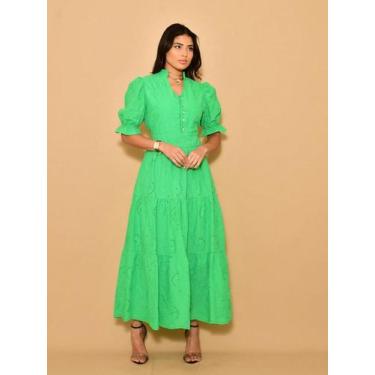 Imagem de Vestido longo luxo lese gola botão bordado algodão manga curto 0070 - 