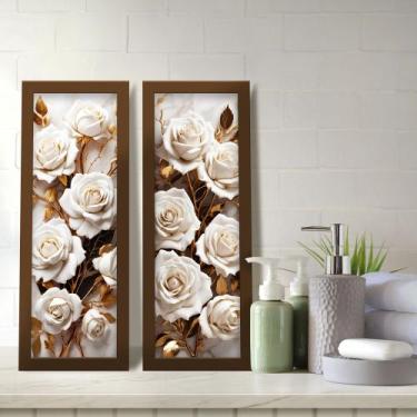 Imagem de Kit 2 Quadros Decorativos Lavabo Floral Flor Rosa Branco Dourado - Del