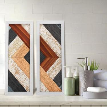 Imagem de Kit 2 Quadros Decorativos Lavabo Abstrato Madeira Ripa Marrom Bege Pre