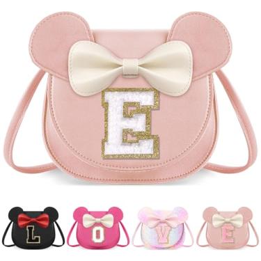 Imagem de izuzta Bolsa infantil para crianças 1 2 3 4 5 6 7 8 anos de idade bonito mouse orelha laço bolsa transversal presente de aniversário, Grande/bolsa rosa/letra branca, E, E