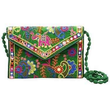Imagem de Craft Trade Bolsas clutch para mulheres - Mini bolsa transversal bordada à mão do Rajastão para presentes de festa de casamento, Verde escuro, 8X6 Inches