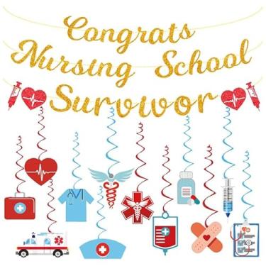 Imagem de Materiais de decoração de graduação para escola de enfermagem, faixa dourada com glitter parabéns RN/BSN faixa de formatura 2025 placa de faixa de sobrevivente de escola de enfermagem, com serpentinas