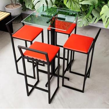 Imagem de Conjunto Mesa Alta Bar Bistrô Quadrada Vidro 4 Banquetas Confort Estofado Industrial Black (Vermelho)