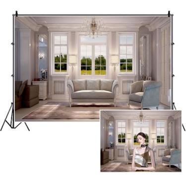 Imagem de TTQYFNM Pano de fundo para sala de estar de 3 x 2,4 m, interior de casa, sofá, tapete, lustre de cristal, fundo fotográfico, para reuniões com zoom, casa, escritório, videoconferência, gravação de