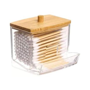 Imagem de Porta Cotonete Em Acrílico Transparente C/Tampa Bambu 9cm - TopÚtil