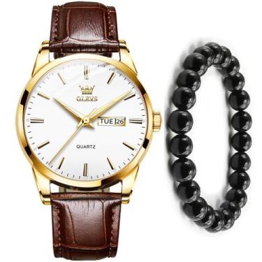 Imagem de Kit Relógio Masculino Social Gold OLevs Luxo + Pulseira Bolinha