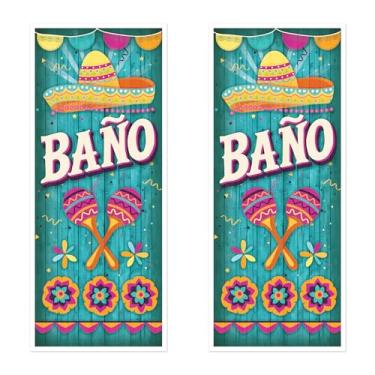 Imagem de Beistle Capas de porta Baño, 2 unidades, decorações de festa de festa com design de inspiração mexicana, estampa brilhante de sombrero e maracas, sinal de banheiro para cinco de maio, noite de taco e