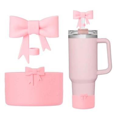 Imagem de Lnulyaciy Protetor de silicone Bow para bota Stanley para 20/30/1,134 g, pacote com 2 para acessórios Stanley Cup compatíveis de 340 a 680 g para botas Hydroflask e mais (conjunto rosa)