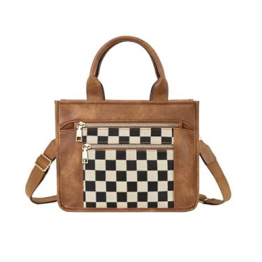 Imagem de WJCD Bolsa feminina elegante de couro vegano, bolsa de mão para mulheres, xadrez, listrada, alça ajustável, durável, leve, Padrão marrom e tabuleiro de xadrez