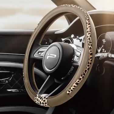 Imagem de Road Comforts Capa para volante – Feita com couro PVC e tecido leopardo – Universal de 36 cm a 38 cm para a maioria dos volantes automotivos – Estampa de chita – Bege