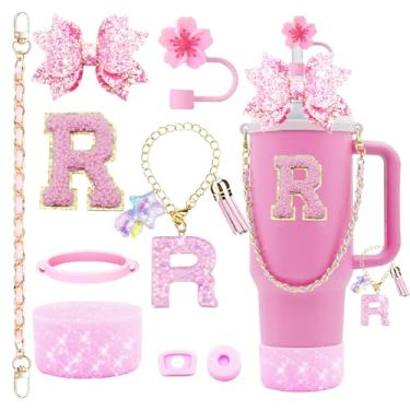 Imagem de 9 peças de acessórios de copo Stanley Bling para copo de 850 g e copo de 1134 g com alça, incluindo pingentes de iniciais, alça de couro, decoração de laço de palha, capa de cobertura de palha, bota,