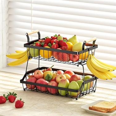 Imagem de Fruteira De Mesa Organizador De Frutas, Cesto de Frutas de Metalde 2 Níveis, Cesta de Armazenamento de Frutas com Alça, Fruteira de Cozinha para Armazenar Verduras e Frutas (2 Níveis com Alça)