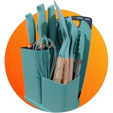 Imagem de Utensilios para Cozinha Silicone Kit com 19 Peças Cabo Madeira Conjunto Completo Espátula Concha Colher Jogo Suporte Faca Antiaderente Tabua Tesoura Faqueiro diversas Cores - DAVEXX® (VERDE)